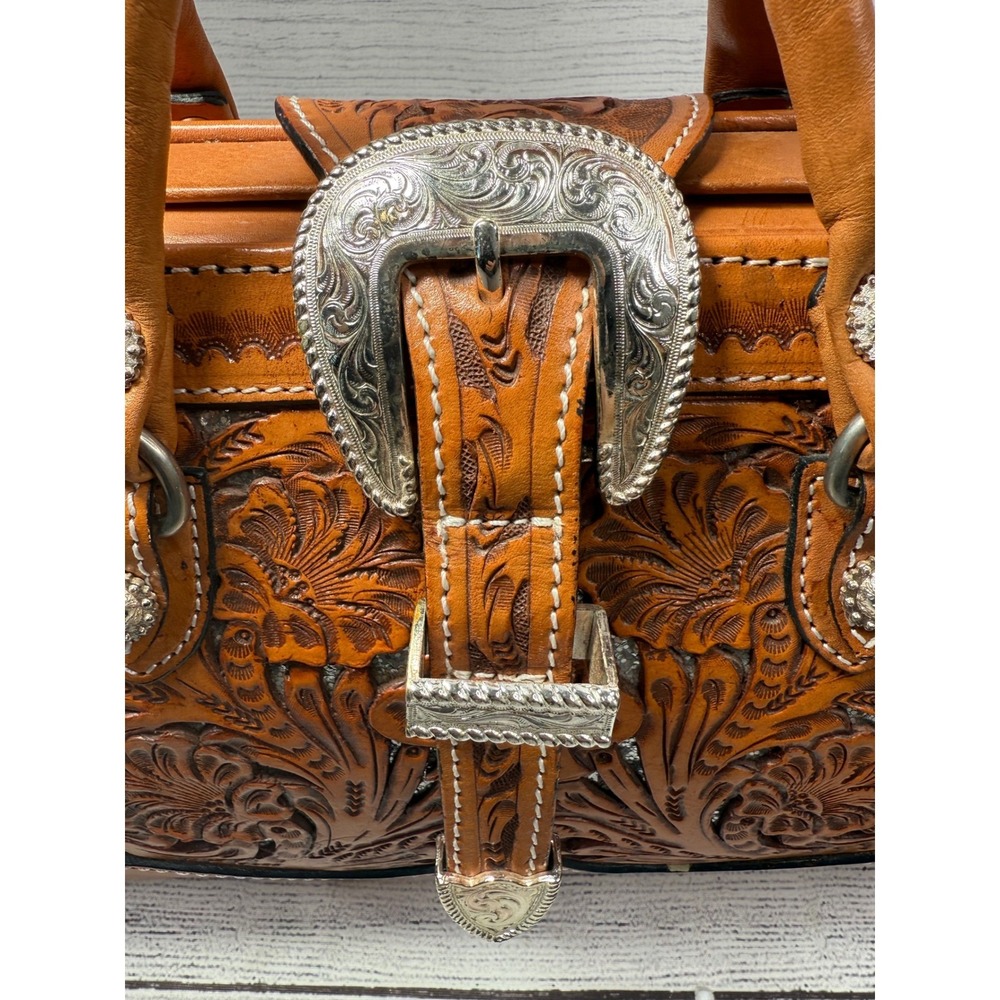 Montana Silversmiths Tooled Leather Satchel Western‎ Buckle Bag Brown Handbag - Picture 11 of 11